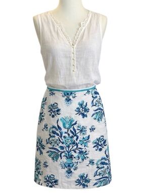 Talbots Blue White Floral Skirt 10P Petite Lined Hidden Zip NWOT